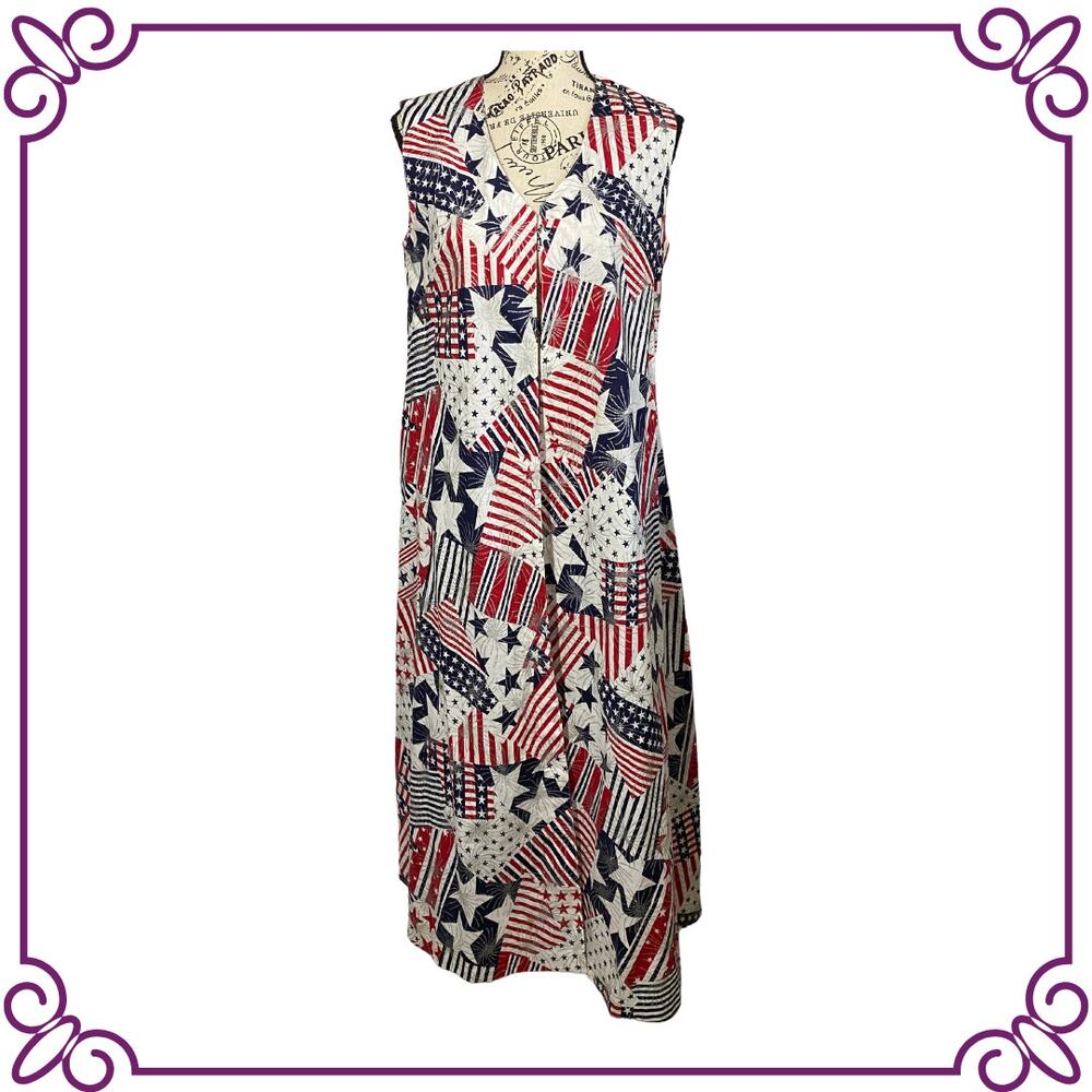 Handmade Maxi Sleeveless V-Neck Red White Blue Duster Patriotic Pattern